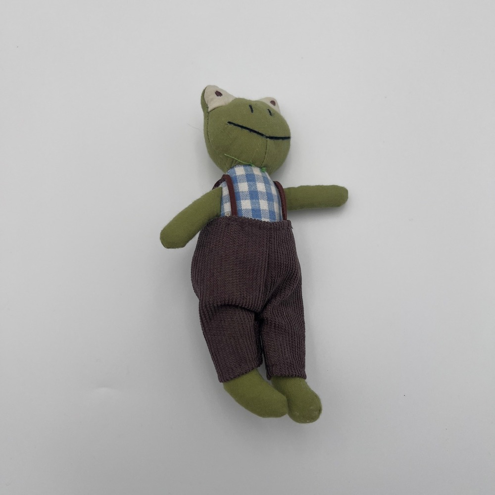 Handmade Frog Plush Doll Gingham Suspenders Brown Corduroy Pants Green 7 Inch